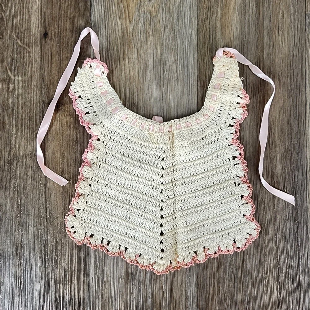 Vintage Handmade Crochet Baby Bib Pinafore Cream Pink Ribbon Scalloped Trim